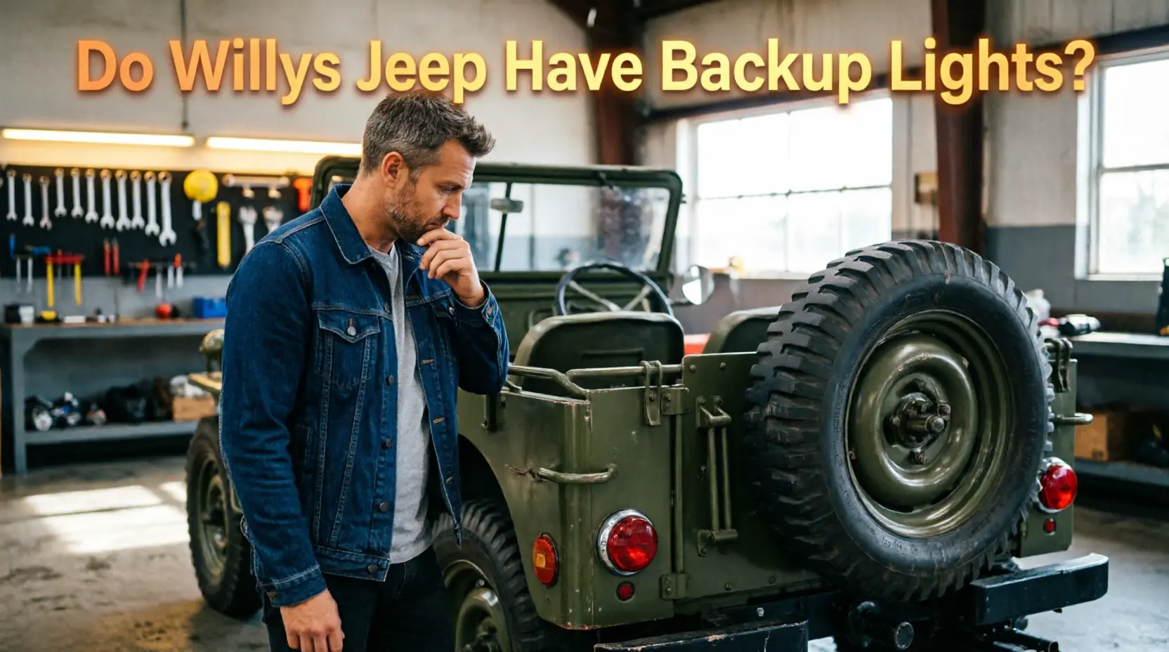 Thoughtful man in denim jacket examining rear of classic olive drab Willys Jeep in garage workshop, inspecting taillight area. Text overlay reads 'Do Willys Jeep Have Backup Lights?