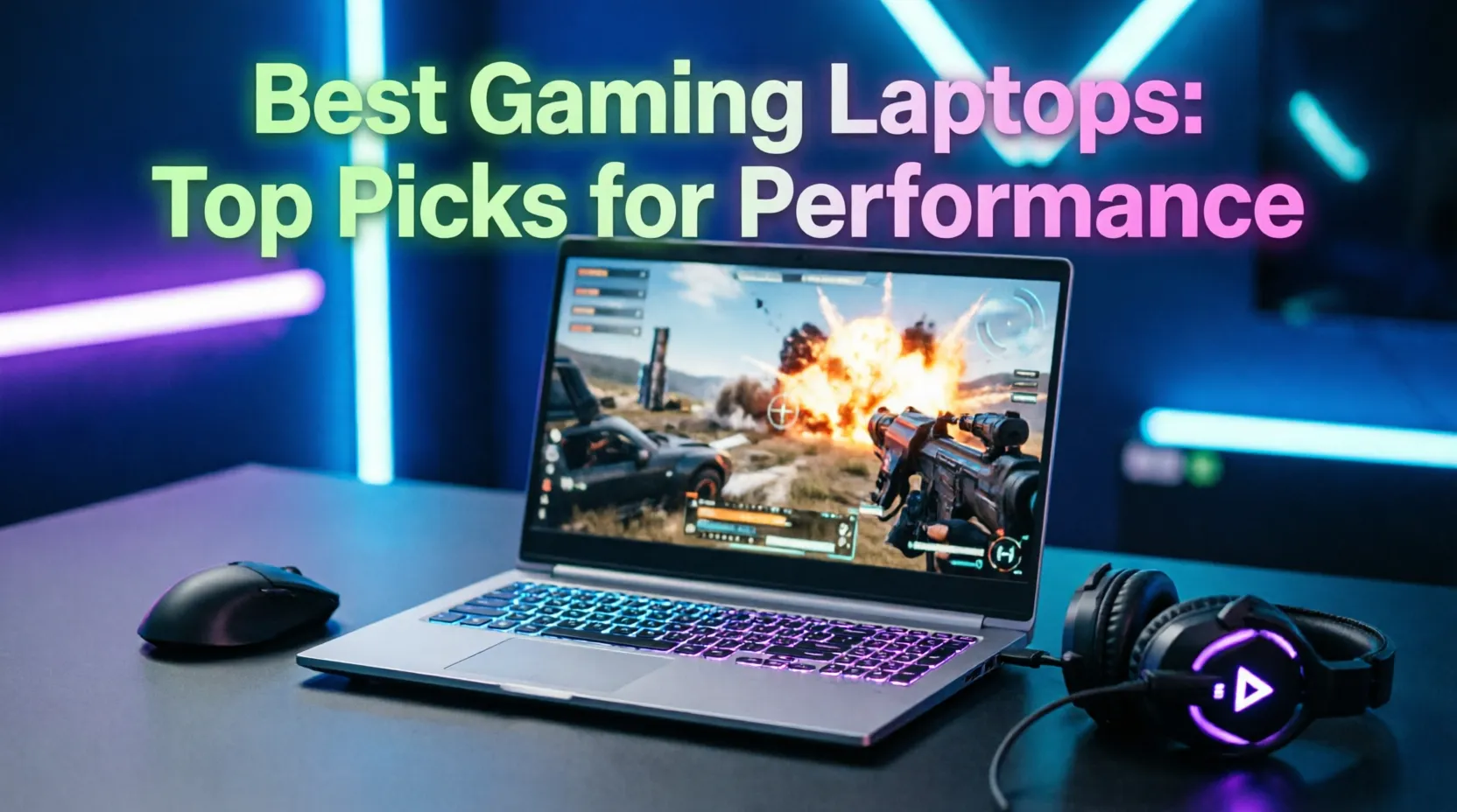 Gaming laptop with RGB backlit keyboard displaying first-person shooter game, accompanied by gaming mouse and LED headset on desk with blue and purple neon lighting. Text reads 'Best Gaming Laptops: Top Picks for Performance