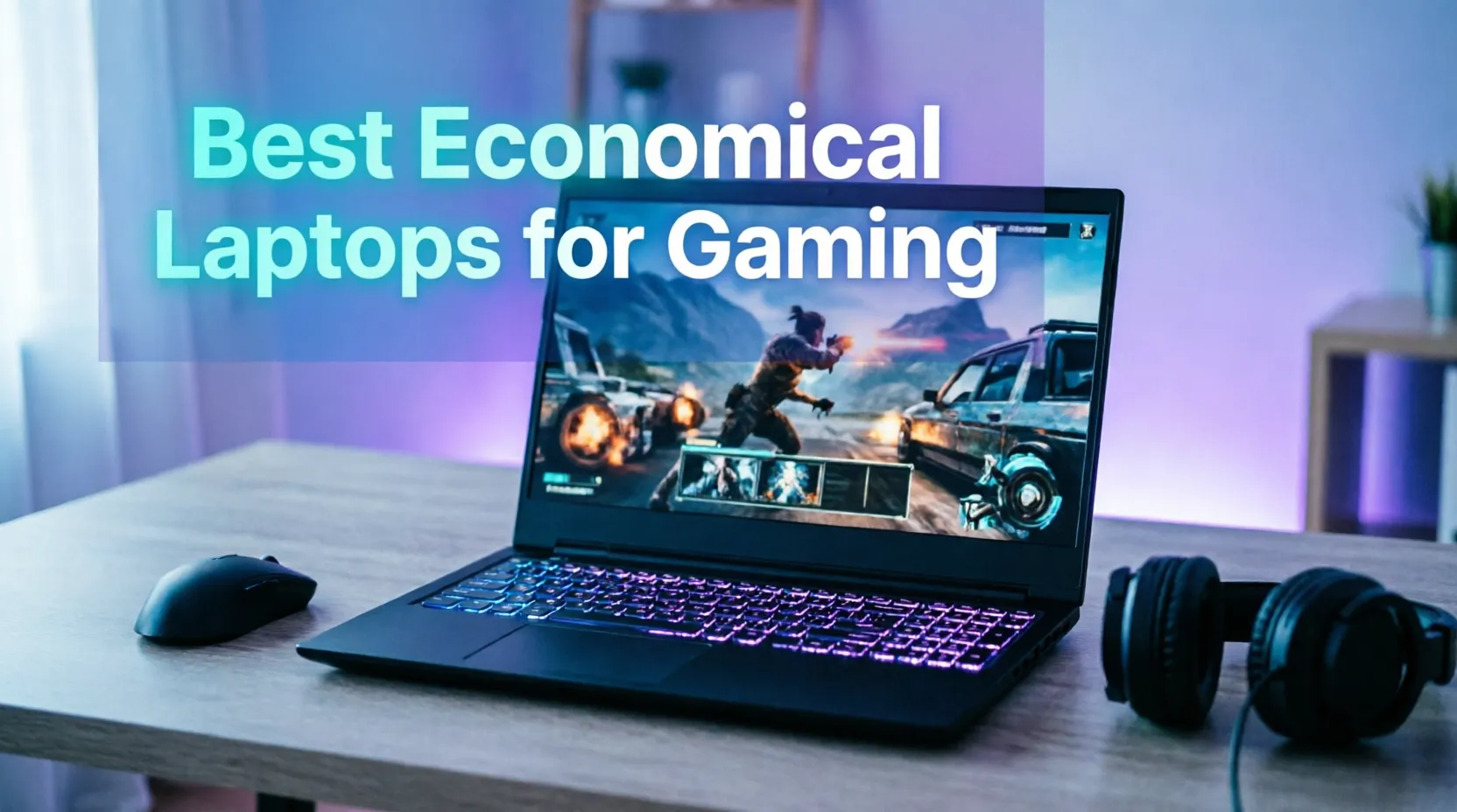 Gaming laptop with RGB keyboard on wooden desk displaying action game, with gaming mouse and headset. Text overlay reads 'Best Economical Laptops for Gaming' in cyan font with blue-purple ambient lighting
