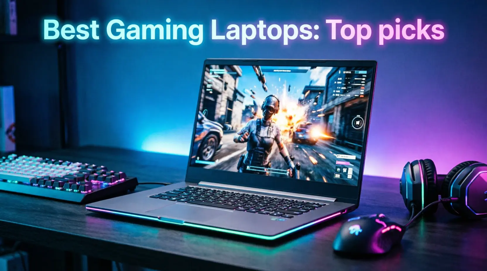 Gaming laptop with RGB keyboard displaying action game on screen, surrounded by gaming mouse, mechanical keyboard, and headset with blue and purple neon lighting. Text overlay reads 'Best Gaming Laptops: Top picks