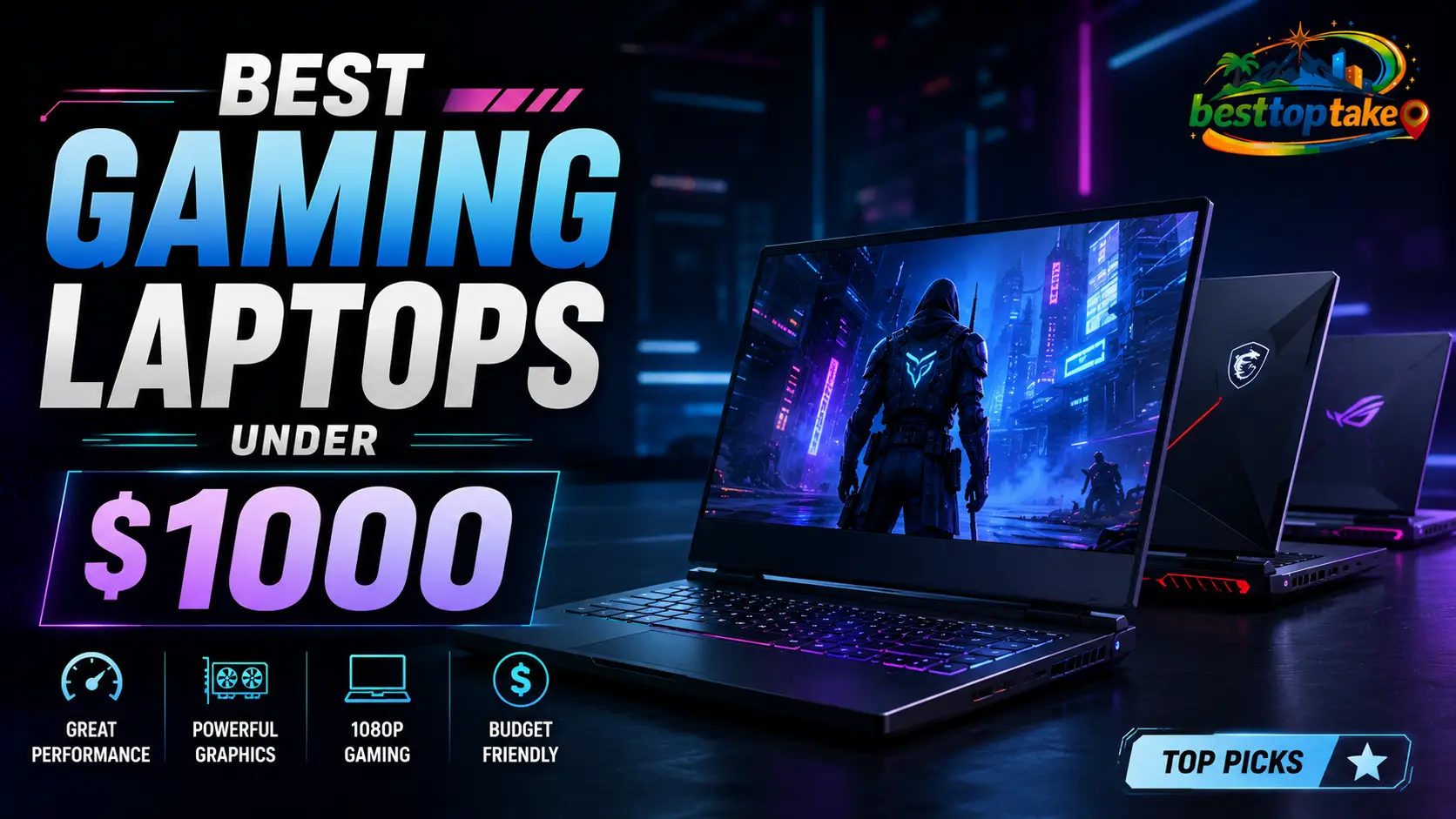 Realistic blog thumbnail showing multiple modern gaming laptops with RGB lighting and cyberpunk-style game visuals on screen, bold text reading “Best Gaming Laptops Under $1000,” and icons highlighting great performance, powerful graphics, 1080p gaming, and budget-friendly features, with a colorful logo placed in the corner.