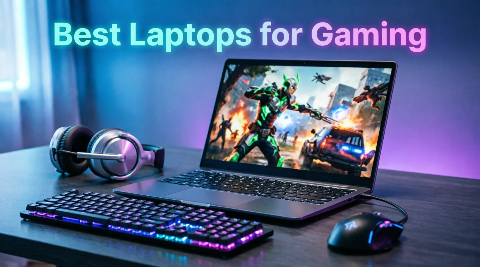 Gaming laptop with action game on screen, RGB mechanical keyboard, gaming headset and mouse on desk with blue and purple lighting. Text: Best Laptops for Gaming