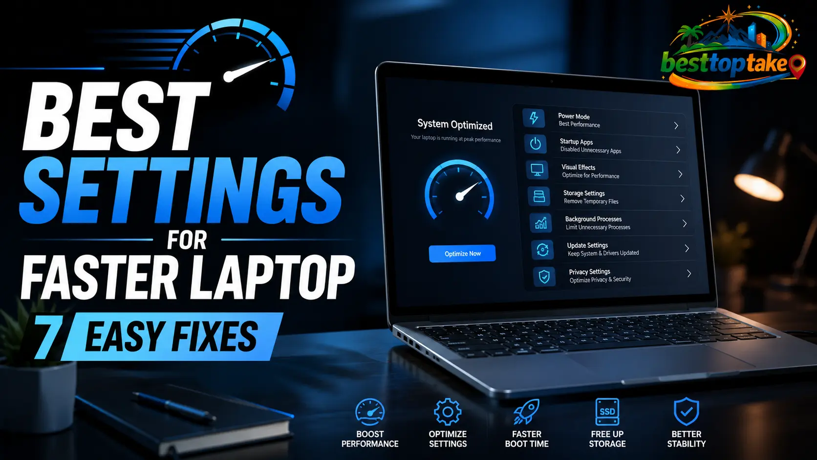 Realistic blog thumbnail showing a modern laptop with system optimization settings on screen, bold text reading “Best Settings for Faster Laptop – 7 Easy Fixes,” and icons for boosting performance, optimizing settings, faster boot time, freeing up storage, and improving stability, with a colorful logo placed in the corner.