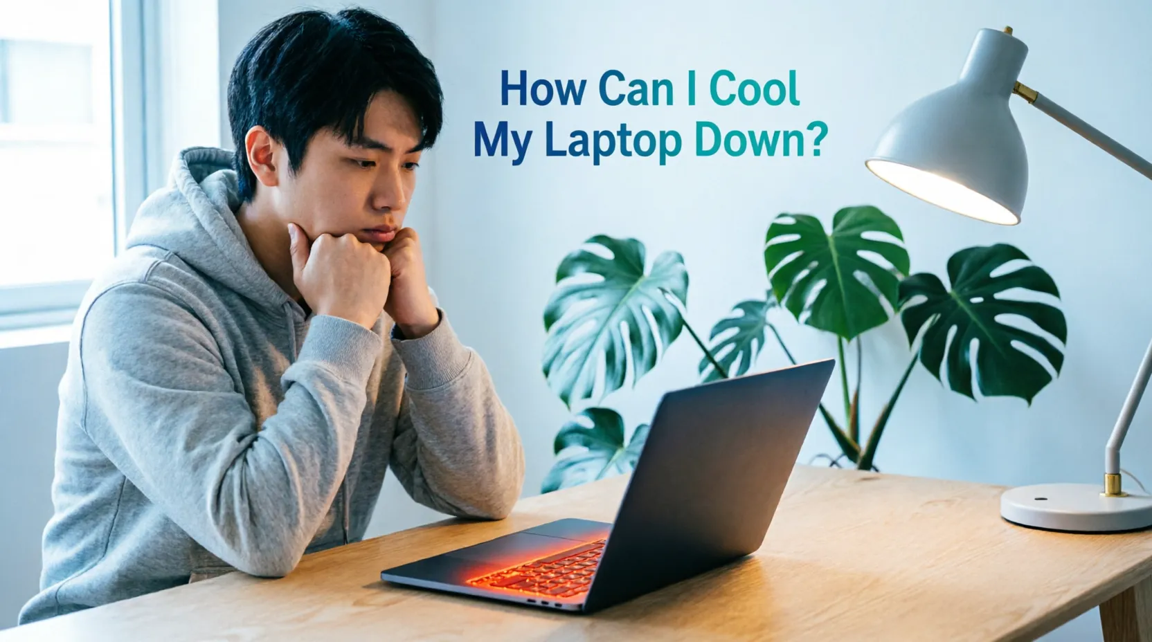 "Thoughtful man in gray hoodie with hands on chin looking at laptop with orange-red glow from keyboard area on wooden desk. Text overlay reads 'How Can I Cool My Laptop Down?'"