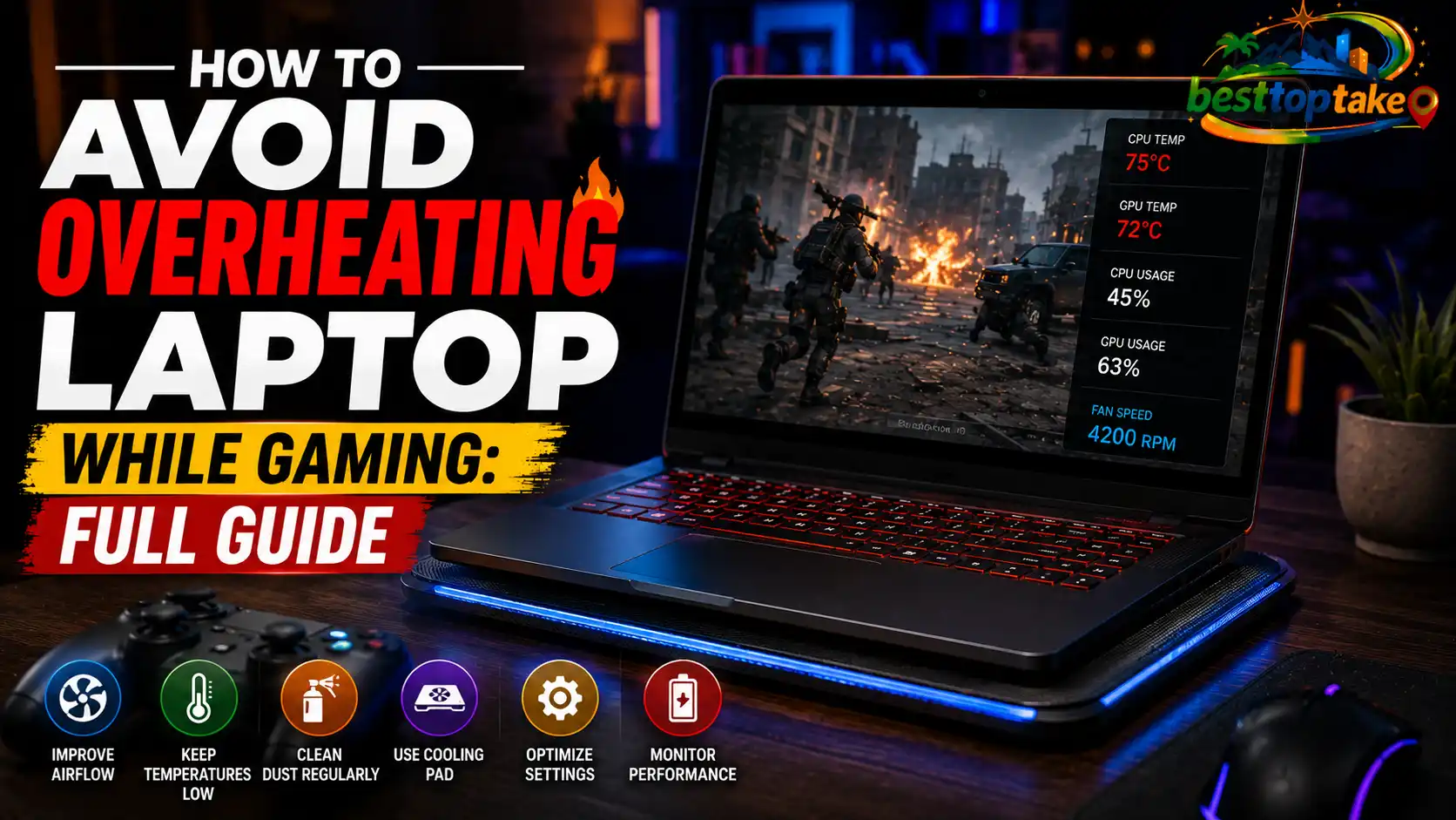 Realistic blog thumbnail showing a gaming laptop on a cooling pad with temperature monitoring stats on screen, bold text reading “How to Avoid Overheating Laptop While Gaming: Full Guide,” and icons for improving airflow, lowering temperatures, cleaning dust, optimizing settings, and boosting gaming performance, with a colorful logo placed in the corner.