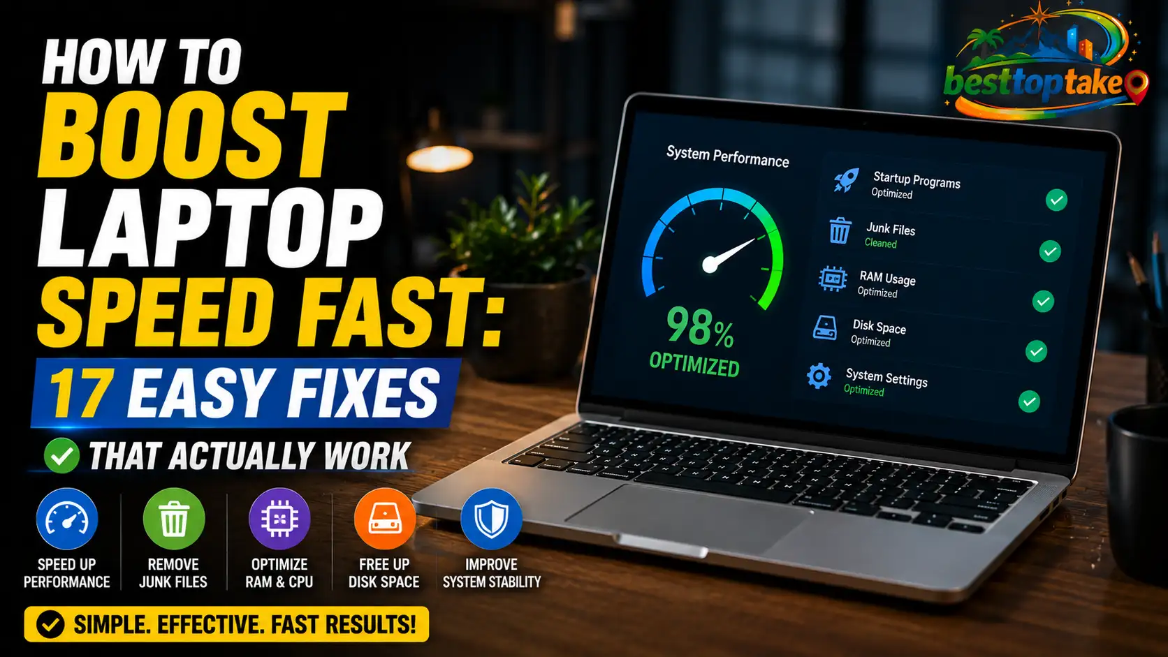 Realistic blog thumbnail showing a modern laptop on a wooden desk with a system performance optimization dashboard on screen, bold text reading “How to Boost Laptop Speed Fast: 17 Easy Fixes That Actually Work,” and icons for speeding up performance, removing junk files, optimizing RAM and CPU, freeing up disk space, and improving system stability, with a colorful logo placed in the corner.