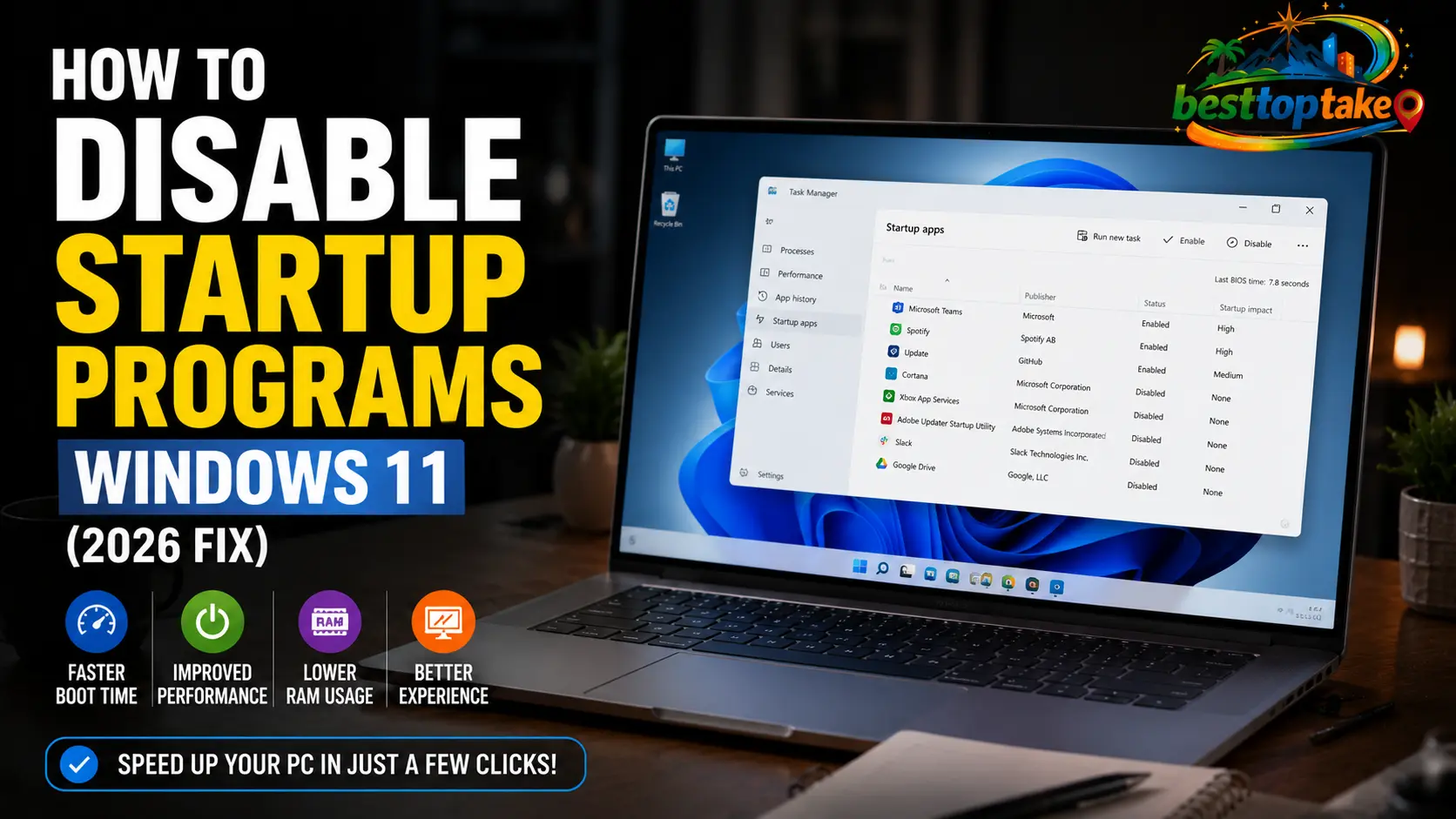 Realistic blog thumbnail showing a Windows 11 laptop on a desk with startup apps settings screen, bold text reading “How to Disable Startup Programs Windows 11 (2026 Fix),” and icons representing turning off apps, improving performance, and faster boot time, with a colorful logo placed in the corner.