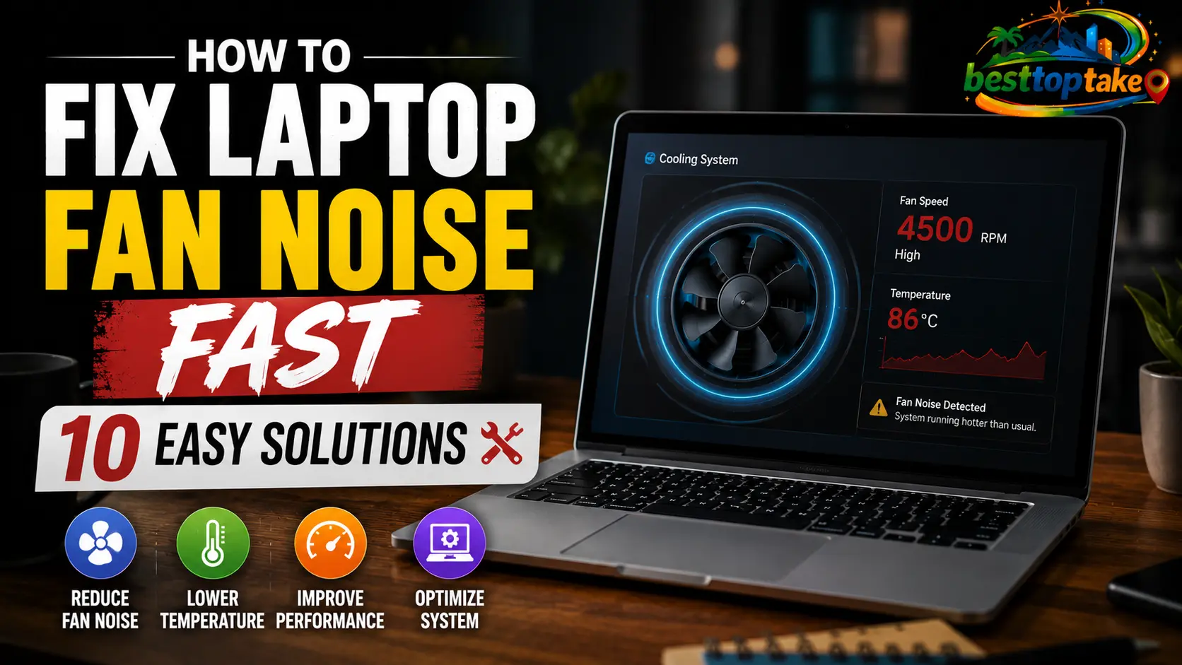 Realistic blog thumbnail showing a modern laptop on a desk with a cooling system dashboard displaying high fan speed and temperature warnings, bold text reading “How to Fix Laptop Fan Noise Fast – 10 Easy Solutions,” and icons for reducing fan noise, lowering temperature, improving performance, and optimizing the system, with a colorful logo placed in the corner.