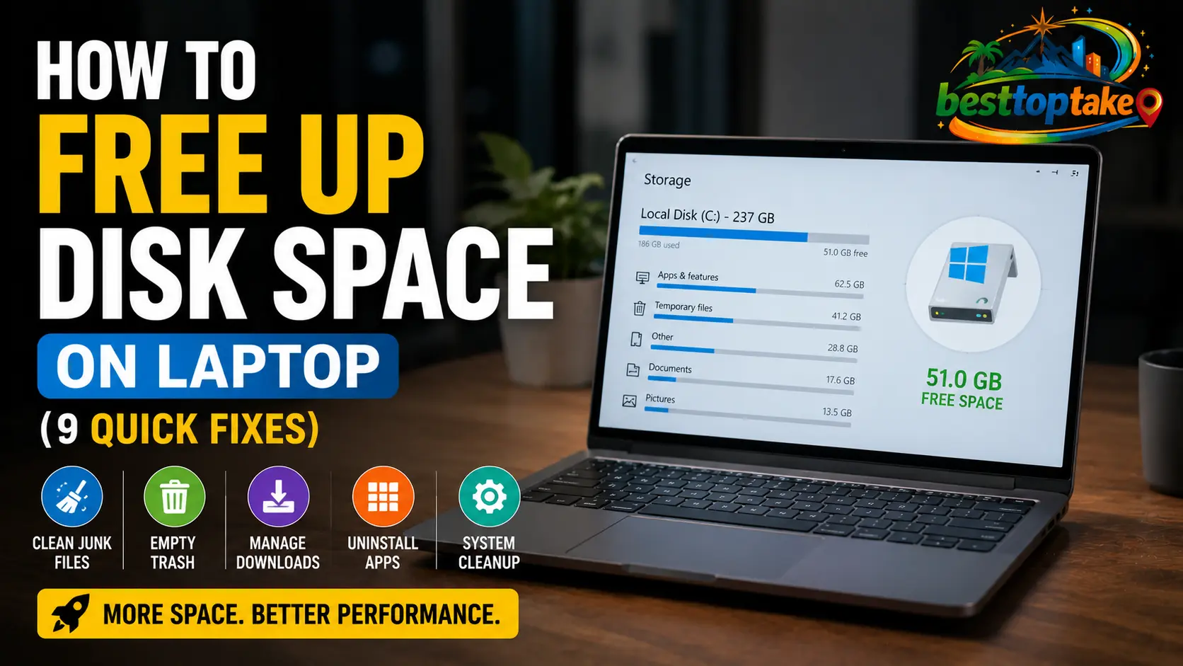 Realistic blog thumbnail showing a modern laptop on a desk with on-screen storage management interface, bold text reading “How to Free Up Disk Space on Laptop (9 Quick Fixes),” and icons for cleaning junk files, emptying trash, managing downloads, uninstalling apps, and system cleanup, with a colorful logo placed in the corner.