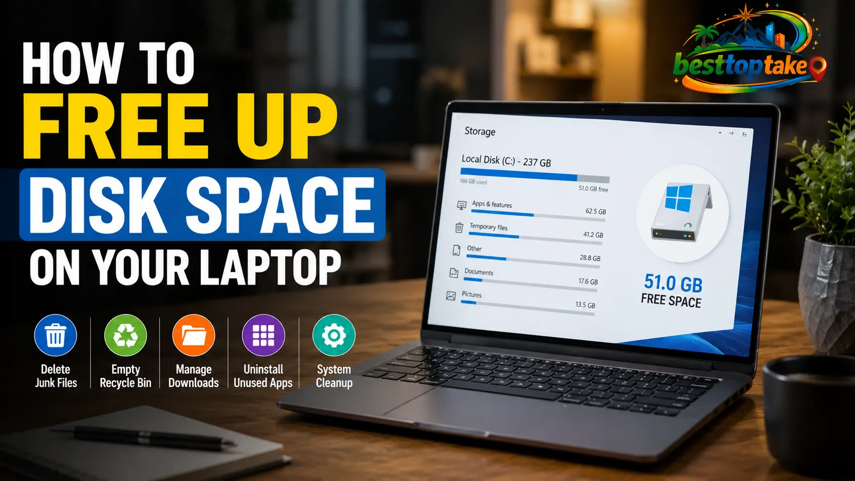 Realistic blog thumbnail showing a modern laptop on a wooden desk with a Windows storage management screen displaying free space, alongside bold text reading “How to Free Up Disk Space on Your Laptop,” icons for deleting junk files, emptying recycle bin, managing downloads, uninstalling unused apps, and system cleanup, with a colorful logo placed in the corner.
