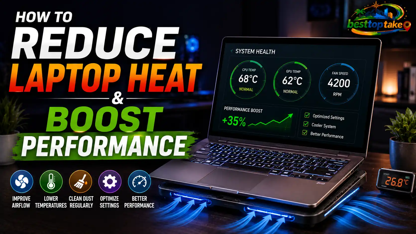 Realistic blog thumbnail showing a modern laptop placed on a cooling pad with airflow effects and a system health dashboard on screen, bold text reading “How to Reduce Laptop Heat and Boost Performance,” and icons for improving airflow, lowering temperatures, cleaning dust, optimizing settings, and increasing laptop speed, with a colorful logo placed in the corner.