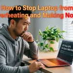 Concerned man in gray hoodie looking at laptop displaying CPU temperature 92°C and fan speed 5800 RPM with orange-red glow from keyboard area. Text overlay reads 'How to Stop Laptop from Overheating and Making Noise