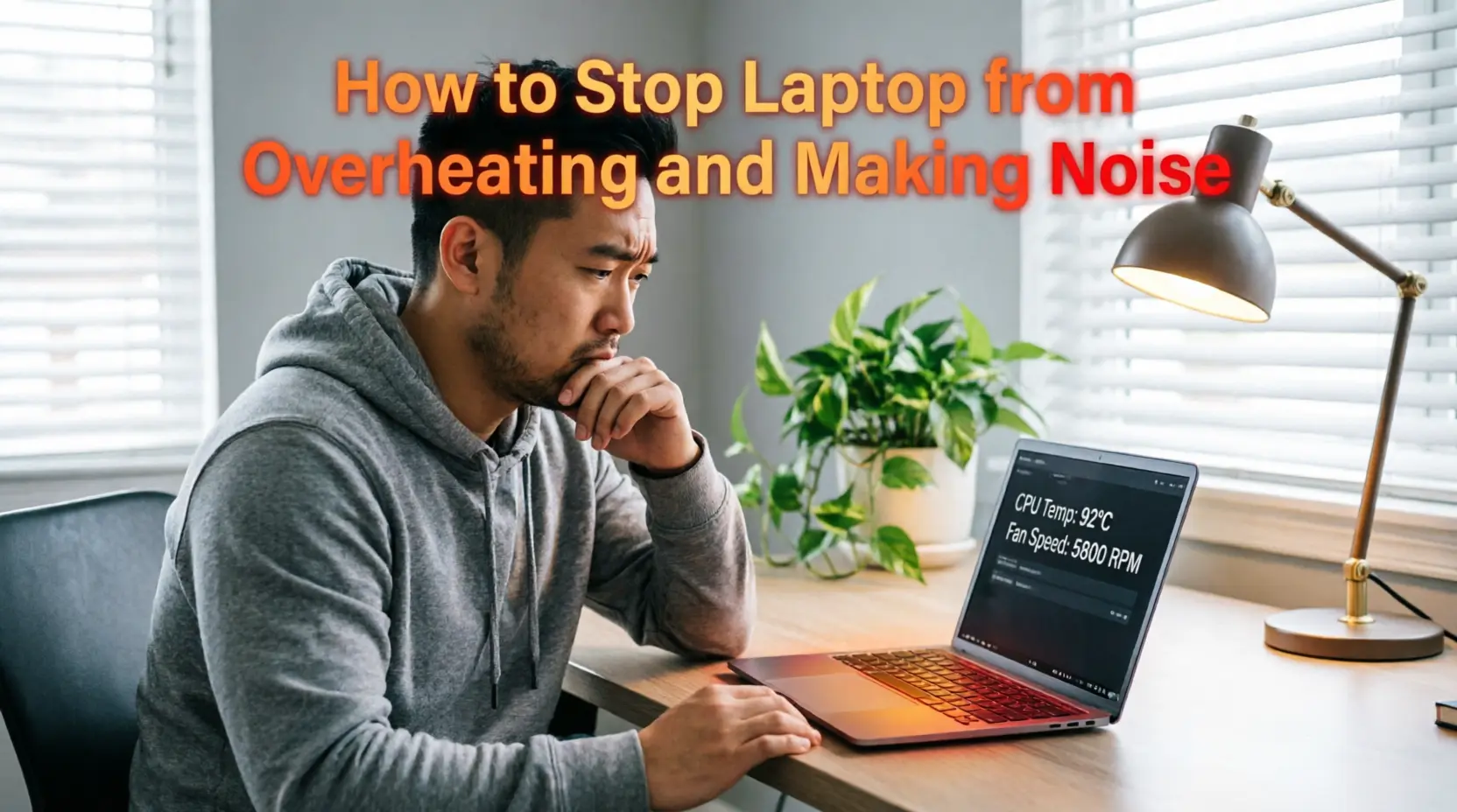 Concerned man in gray hoodie looking at laptop displaying CPU temperature 92°C and fan speed 5800 RPM with orange-red glow from keyboard area. Text overlay reads 'How to Stop Laptop from Overheating and Making Noise