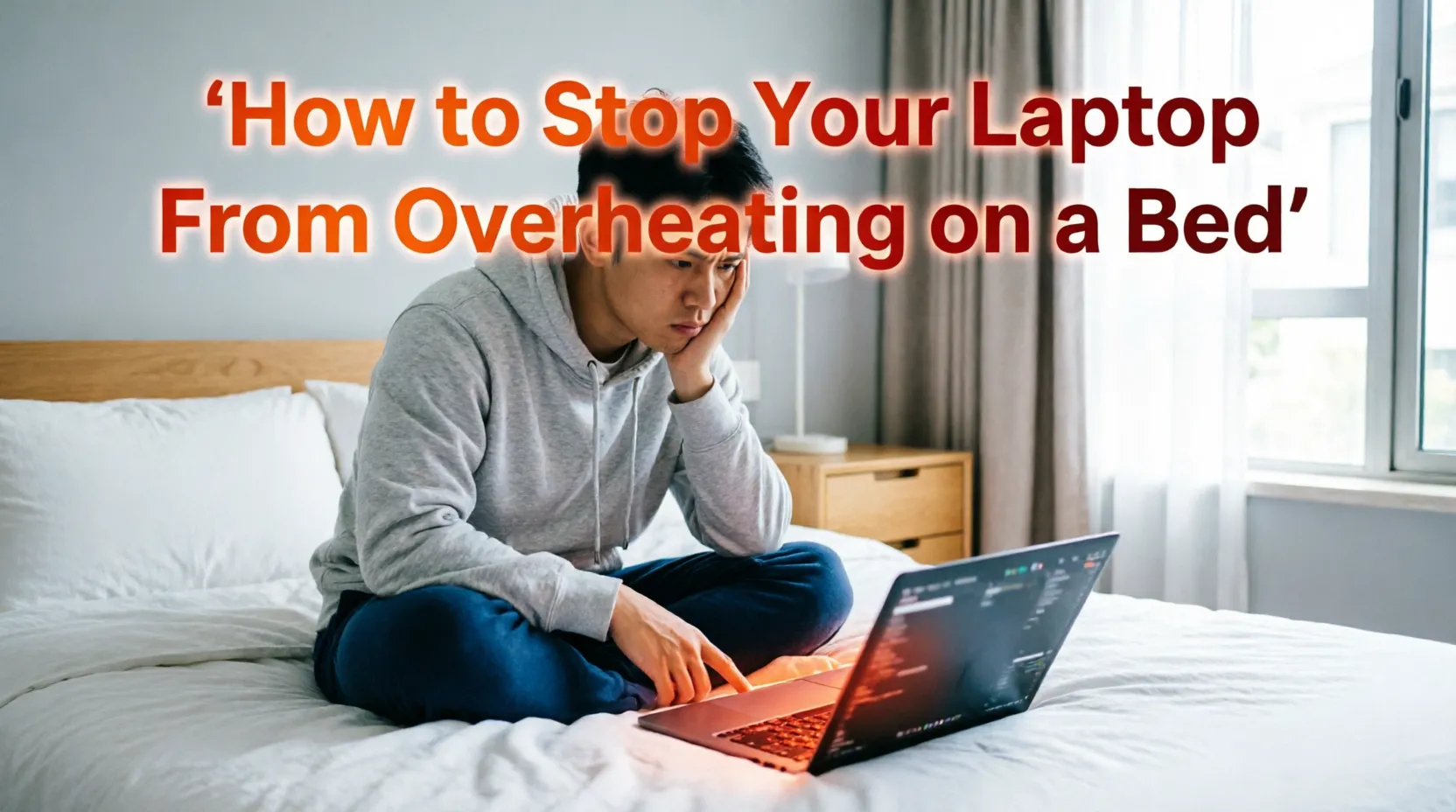 "Concerned man in gray hoodie sitting on bed with laptop showing orange-red glow from keyboard area indicating overheating. Text overlay reads 'How to Stop Your Laptop From Overheating on a Bed'"