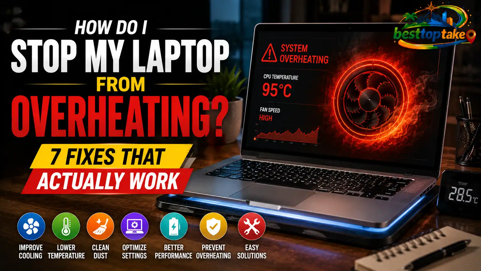 Realistic blog thumbnail showing a modern laptop with overheating warning alerts and cooling fan graphics on screen, bold text reading “How Do I Stop My Laptop From Overheating? 7 Fixes That Actually Work,” along with icons for lowering temperature, improving airflow, cleaning dust, and boosting laptop performance, with a colorful logo placed in the corner.