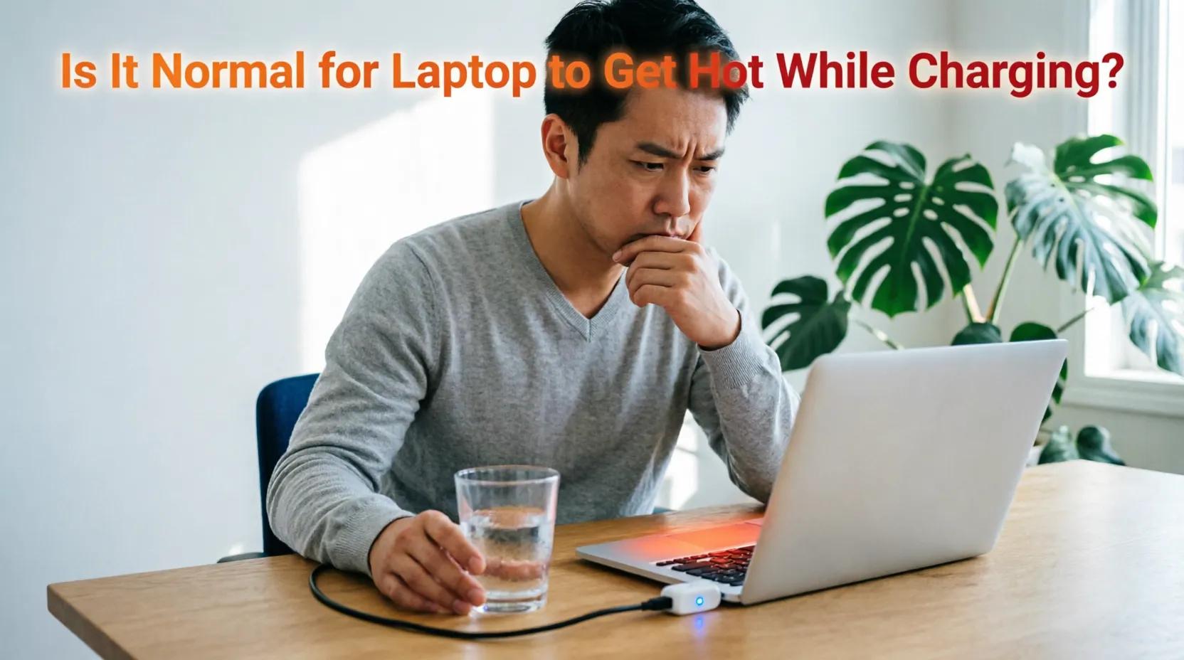 Thoughtful man in gray sweater examining laptop with charging cable connected and orange-red glow from keyboard area on wooden desk. Text overlay reads 'Is It Normal for Laptop to Get Hot While Charging?