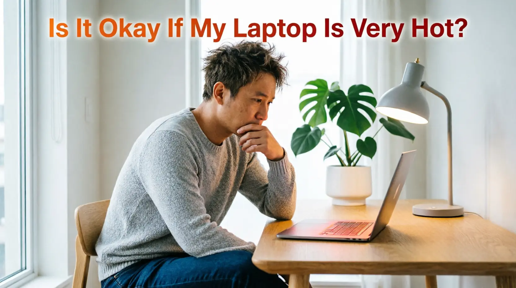 "Concerned man in gray sweater with hand on chin looking at laptop with orange-red glow from keyboard area on wooden desk. Text overlay reads 'Is It Okay If My Laptop Is Very Hot?'"