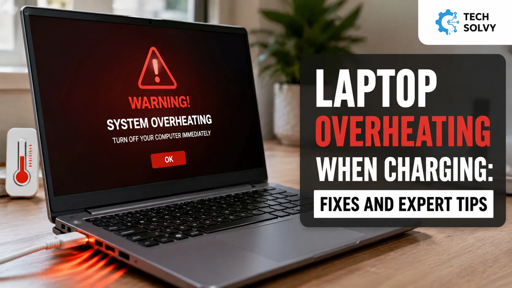 A realistic blog thumbnail showing an overheating laptop while charging, with a red warning message on the screen and bold text reading “Laptop Overheating When Charging: Fixes and Expert Tips.”