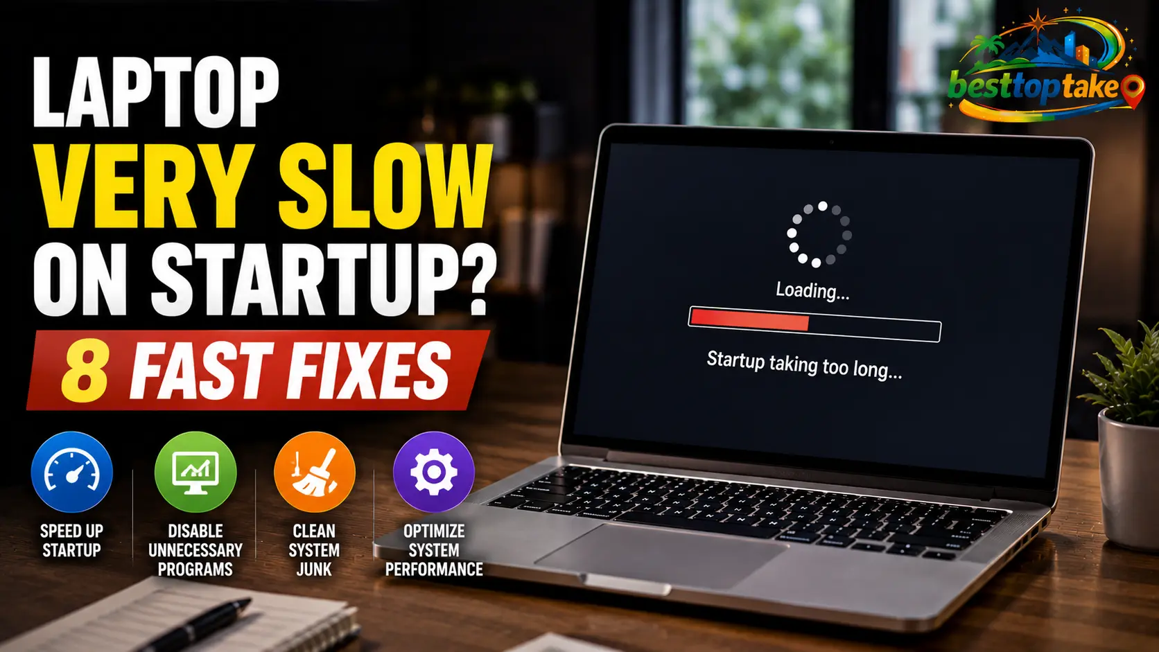Realistic blog thumbnail showing a modern laptop on a desk with a slow startup loading screen, bold text reading “Laptop Very Slow on Startup? 8 Fast Fixes,” and icons for speeding up startup, disabling unnecessary programs, cleaning system junk, and optimizing laptop performance, with a colorful logo placed in the corner.