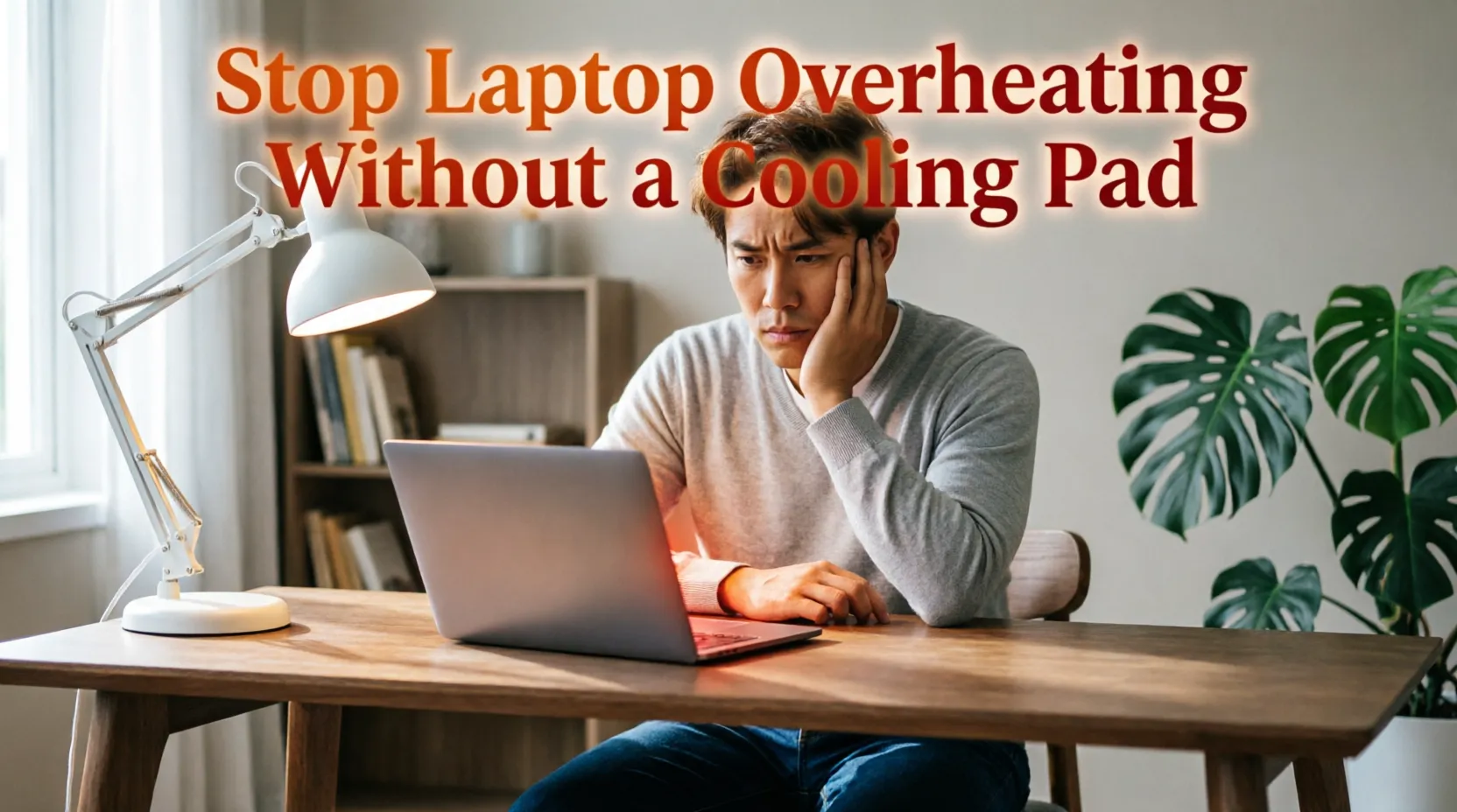 "Thoughtful man in gray sweater with hand on face looking at laptop with orange-red glow from keyboard area on wooden desk with white lamp and monstera plant. Text overlay reads 'Stop Laptop Overheating Without a Cooling Pad'"