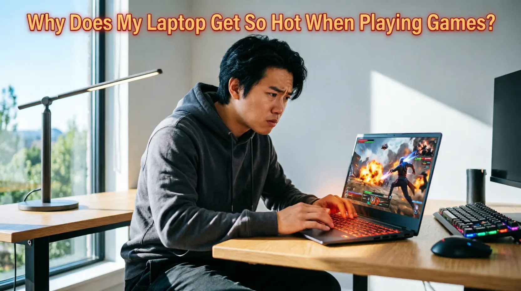 Concerned gamer in dark hoodie looking at gaming laptop displaying action game with explosions and orange-red glow from keyboard area indicating overheating. Text overlay reads 'Why Does My Laptop Get So Hot When Playing Games?