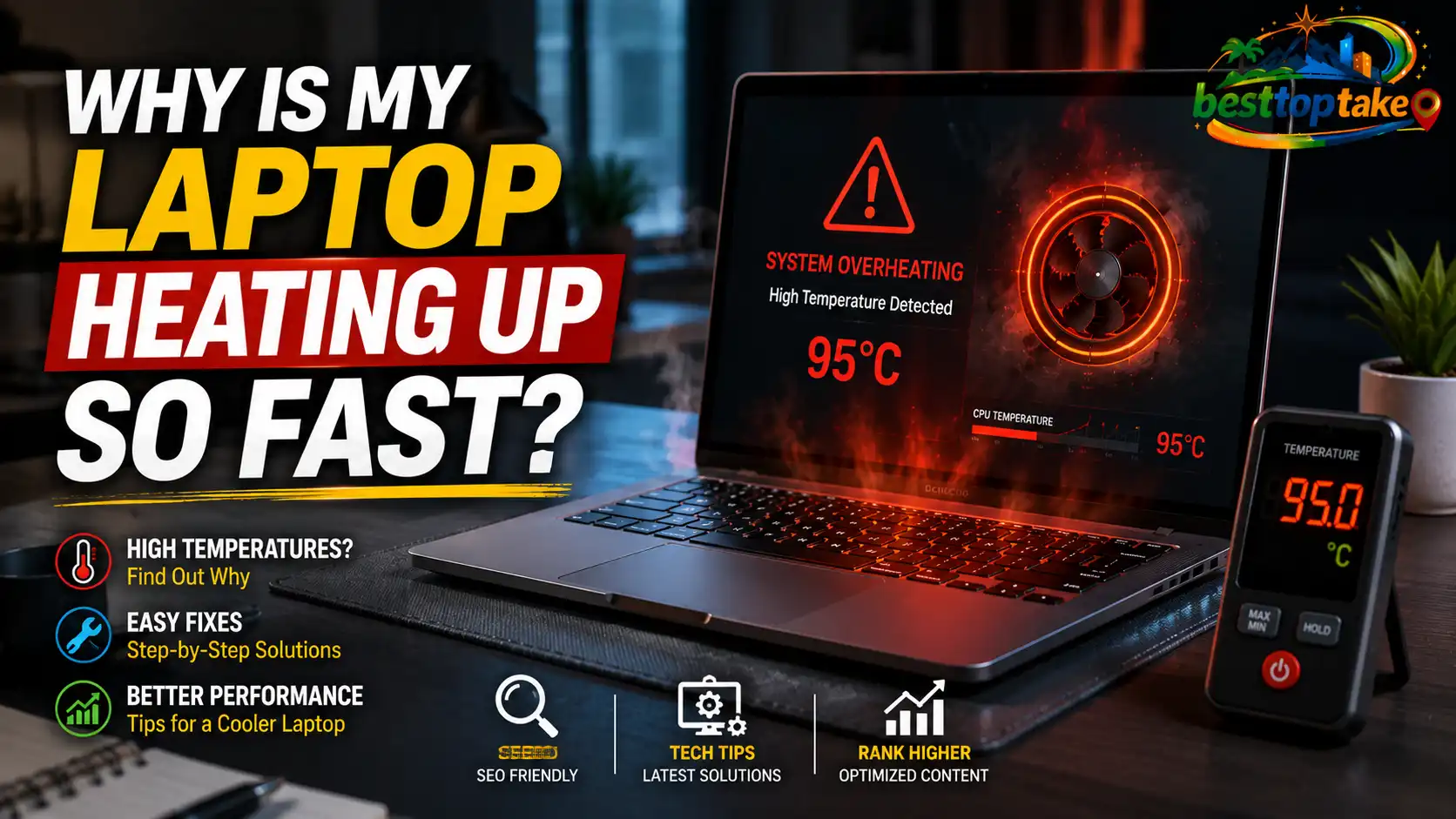 Realistic blog thumbnail showing a modern laptop overheating on a desk with a system warning screen displaying 95°C, glowing fan graphics, smoke effects, and bold text reading “Why Is My Laptop Heating Up So Fast?”, along with icons for easy fixes, better performance, and cooling solutions, with a colorful logo placed in the corner.