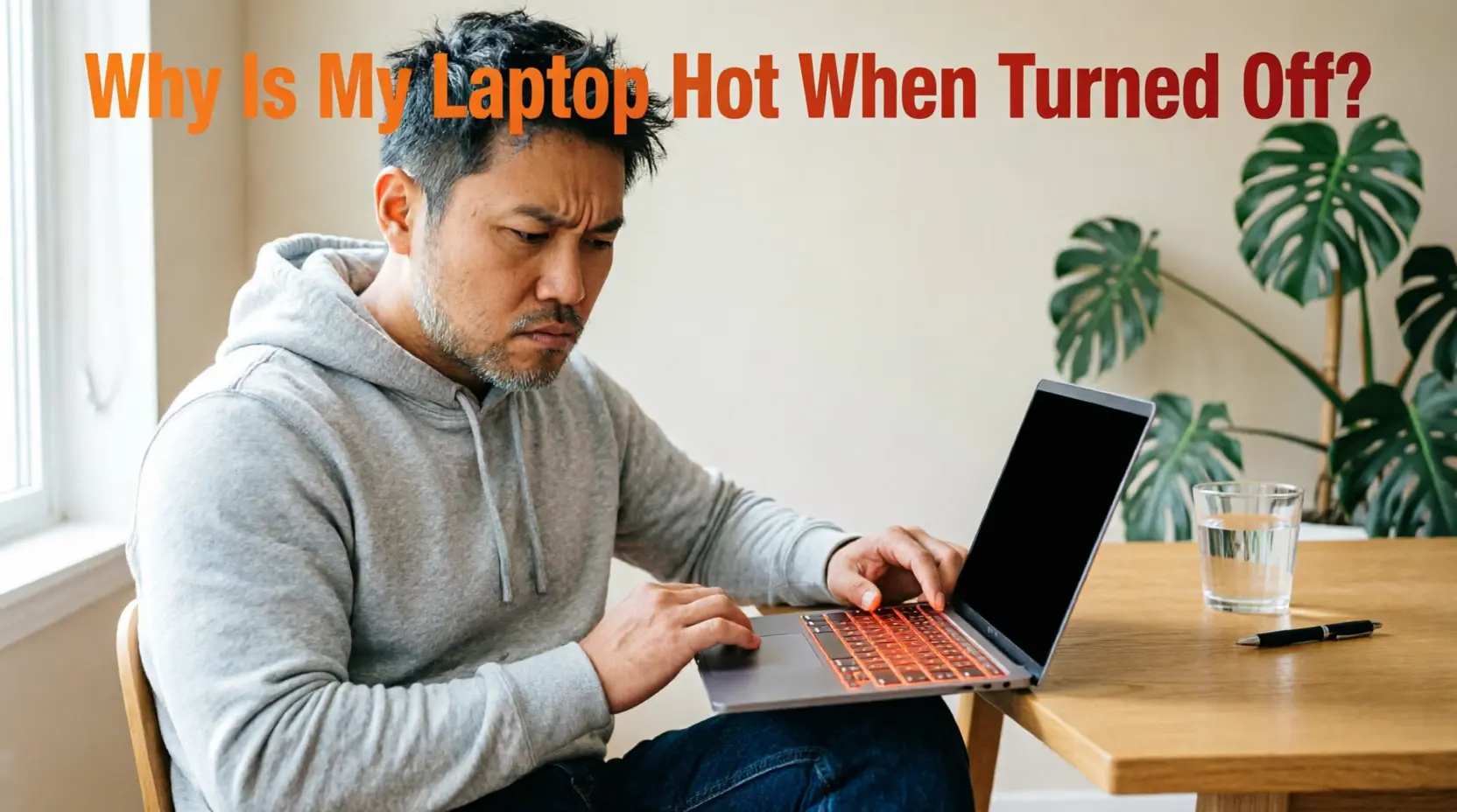 Concerned man in gray hoodie looking at laptop with black screen and glowing orange-red keyboard on wooden desk. Text overlay reads 'Why Is My Laptop Hot When Turned Off?