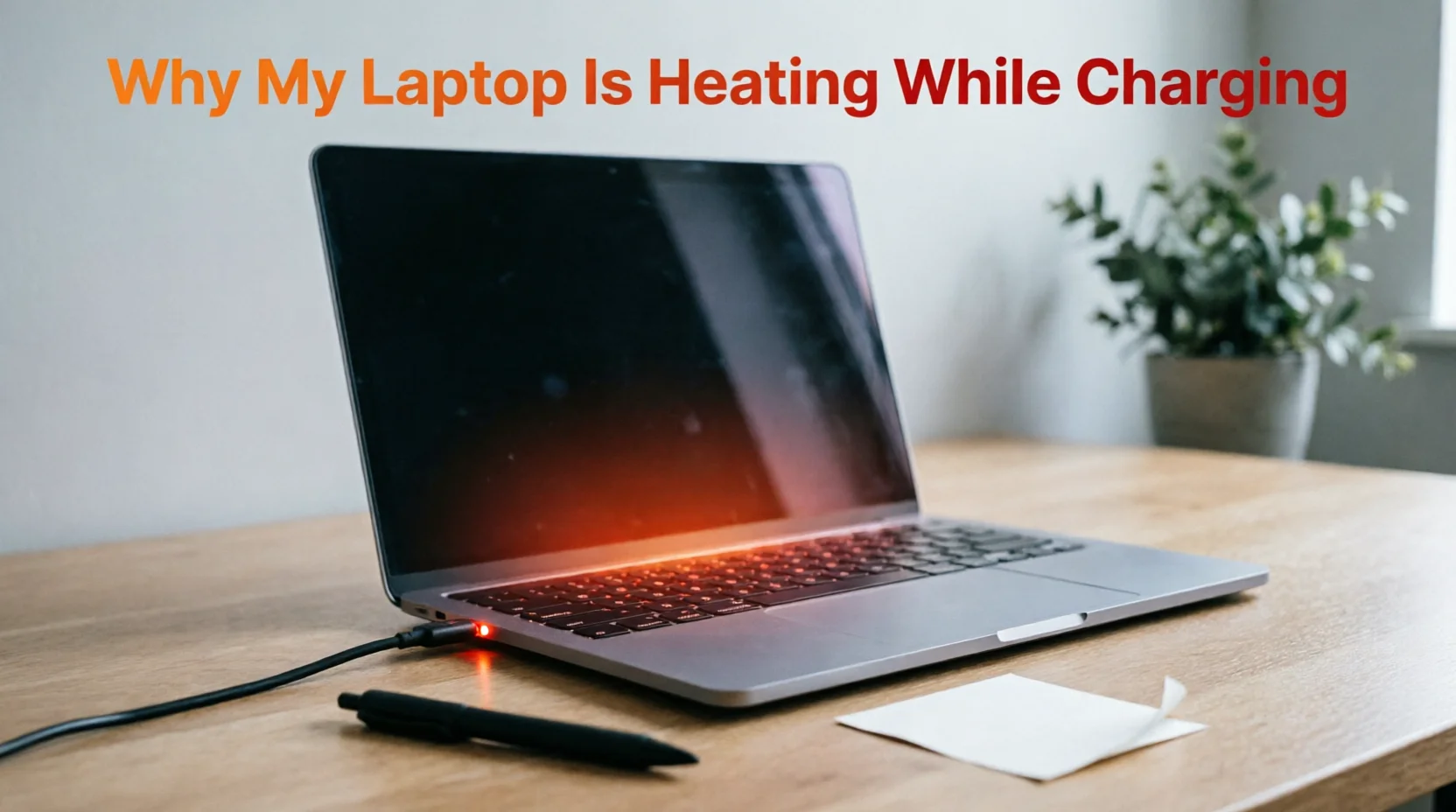 Laptop on wooden desk with charging cable connected and red LED indicator, showing orange-red glow from keyboard area indicating overheating. Text overlay reads 'Why My Laptop Is Heating While Charging