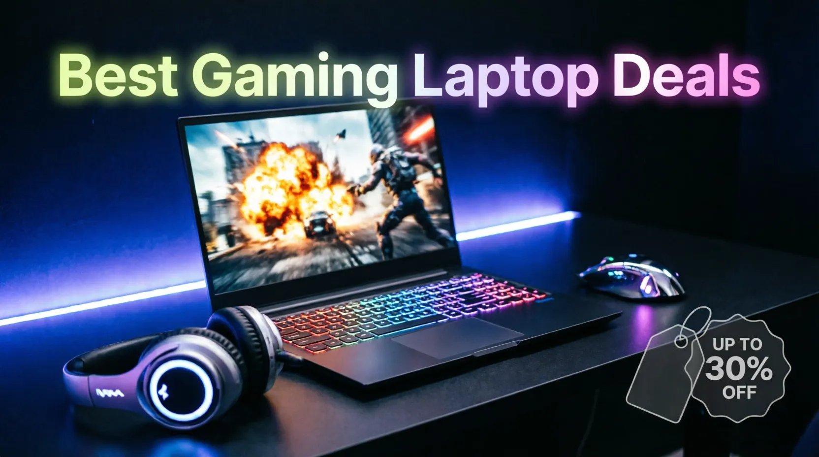 Gaming laptop with rainbow RGB keyboard displaying action game with explosions, gaming headset and mouse, blue neon lighting. Text reads 'Best Gaming Laptop Deals' with 'UP TO 30% OFF' discount badge
