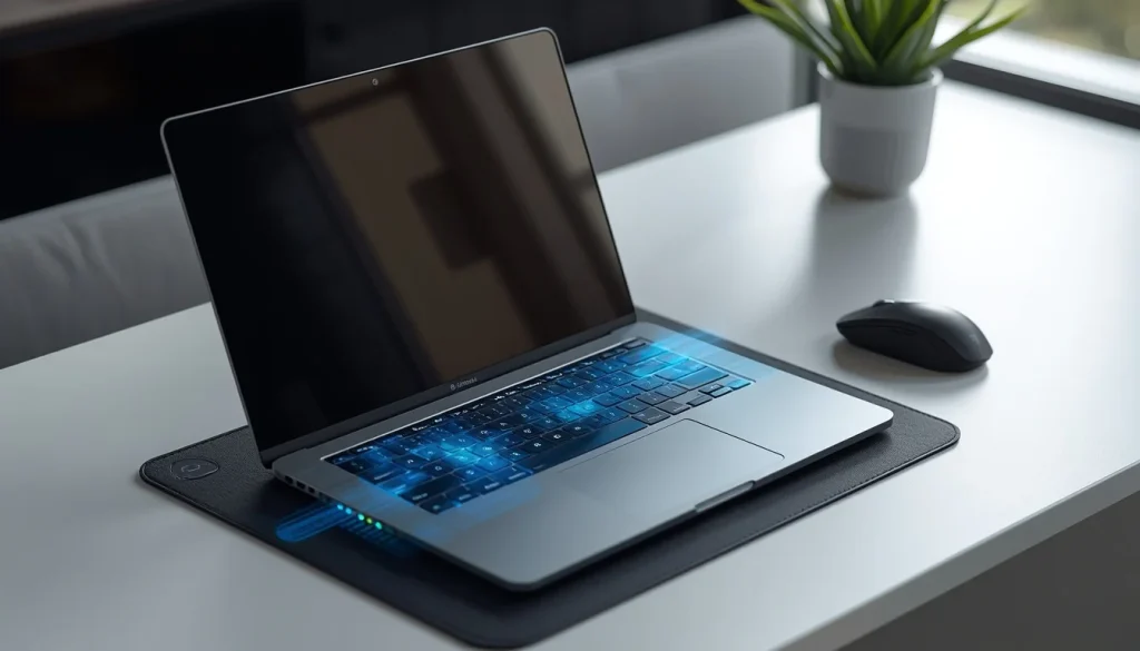 A modern laptop on a minimalist desk