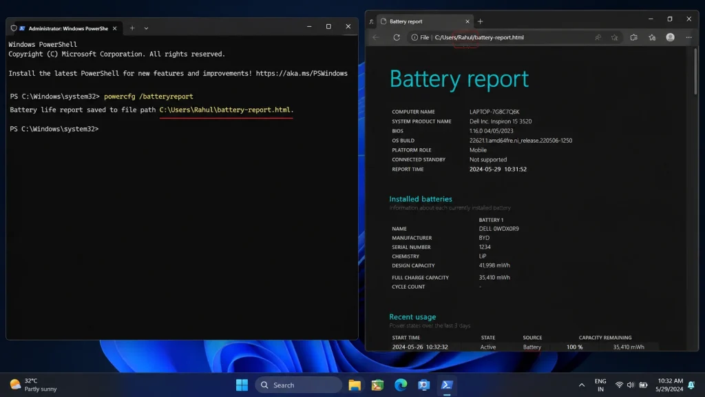 Battery report on Windows desktop