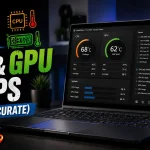 Laptop displaying CPU and GPU temperature monitoring software with real-time temperature readings, showing how to check CPU and GPU temps quickly and accurately on a Windows laptop.