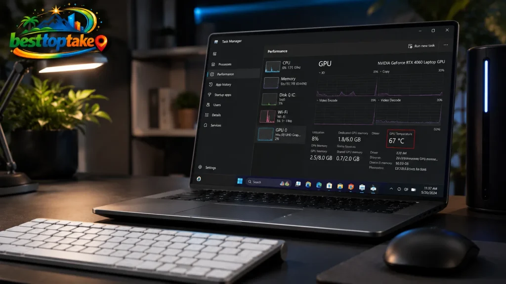 Modern laptop displaying Windows Task Manager Performance tab with GPU temperature readings on screen, minimalist workspace with wireless keyboard, LED desk lamp, and clean office setup.