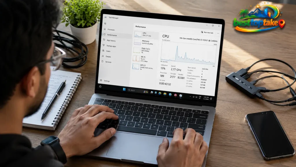 User checking Windows Task Manager on a laptop from an overhead desk view, showing performance monitoring tools, organized cables, notebook, smartphone, and a modern office workspace.