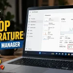 Laptop displaying Windows Task Manager performance tab with CPU temperature reading, showing how to check laptop temperature and monitor system performance on a Windows laptop.