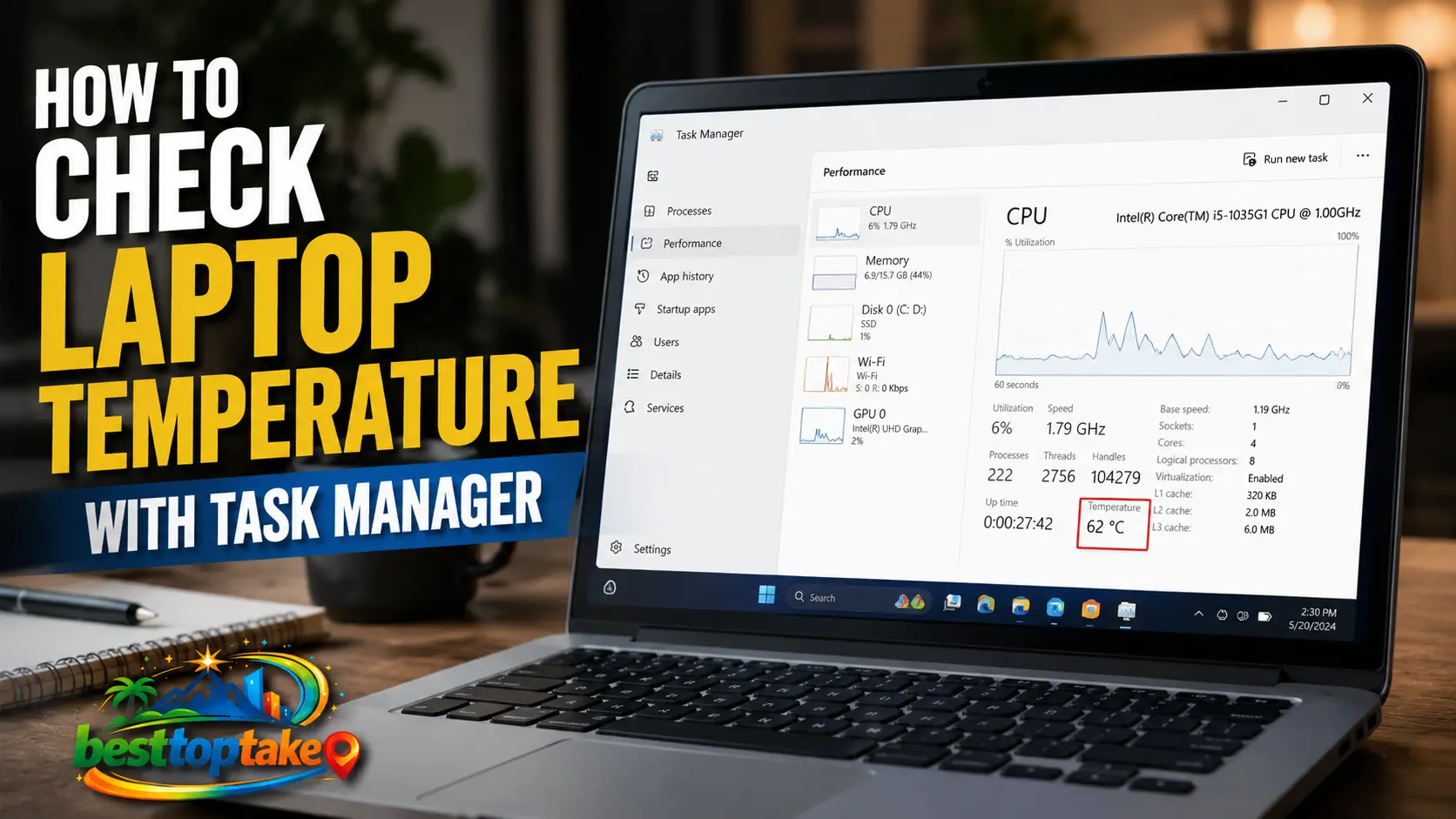 Laptop displaying Windows Task Manager performance tab with CPU temperature reading, showing how to check laptop temperature and monitor system performance on a Windows laptop.