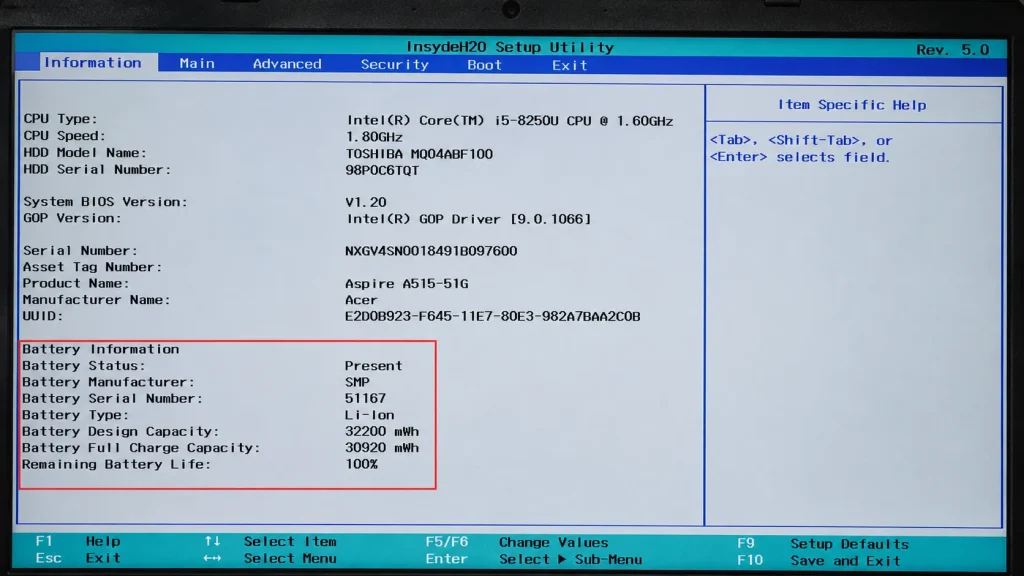 InsydeH2O BIOS setup screen