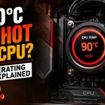 Computer CPU cooler displaying 90°C temperature warning on a gaming PC motherboard, illustrating high CPU temperatures and safe operating temperature guidelines.