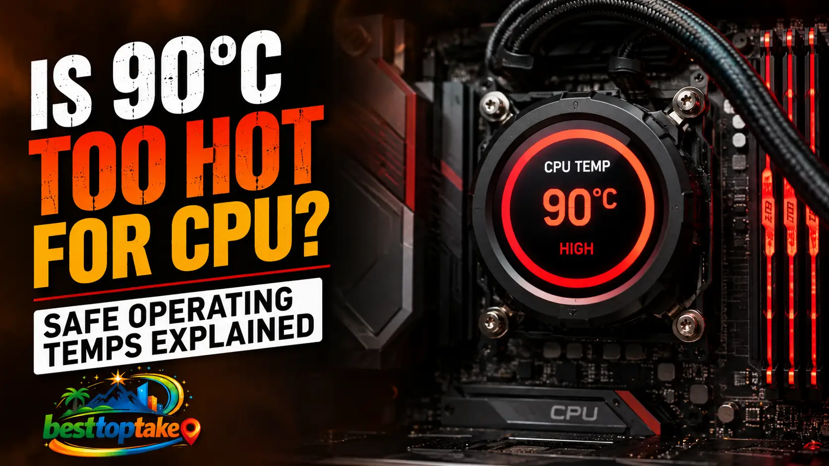 Computer CPU cooler displaying 90°C temperature warning on a gaming PC motherboard, illustrating high CPU temperatures and safe operating temperature guidelines.