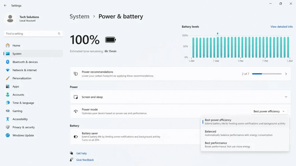 Windows 11 settings - power options