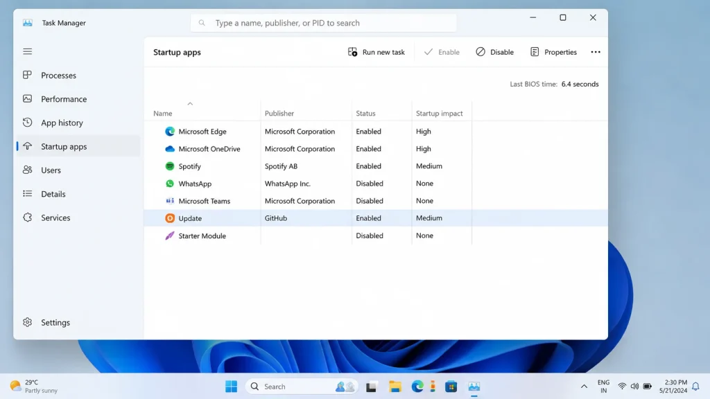 Windows Task Manager startup apps view